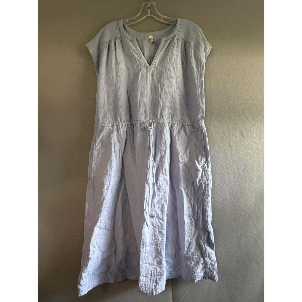 Pact Dress Womens M Blue V Neck Cap Sleeve Organic Cotton Midi Pockets Gauze